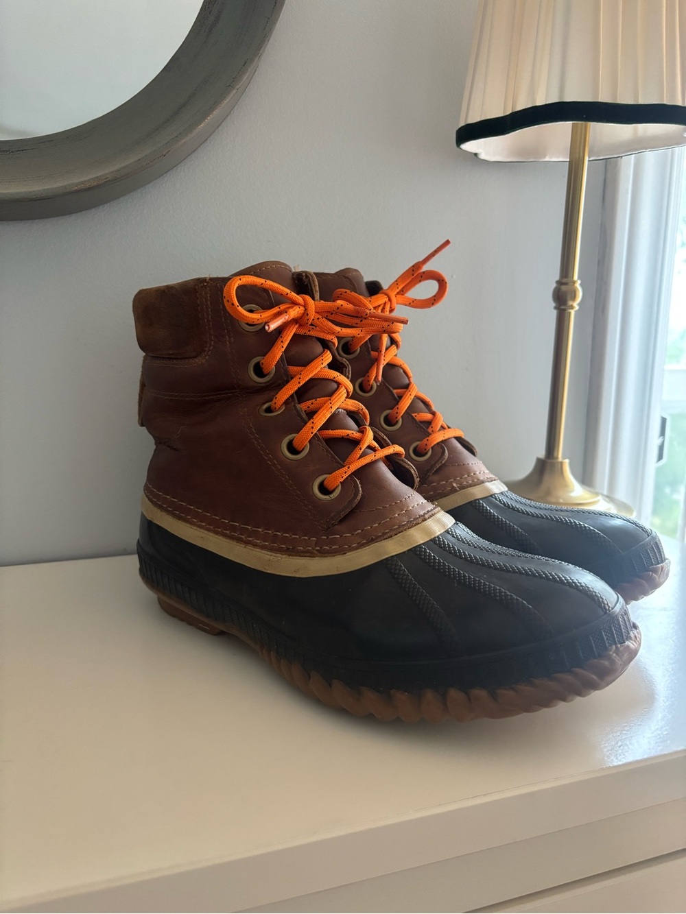 Sorel Brown and Black Duck Boots with Orange Laces